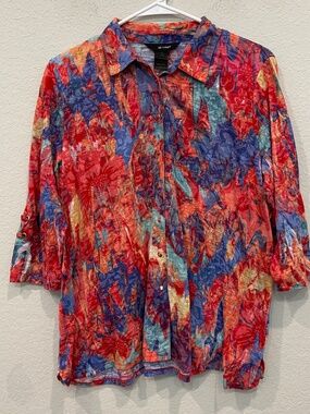 Ali Miles Pearl Snap Top Women's Petite PL Art To Wear Abstract 3/4 Sleeve